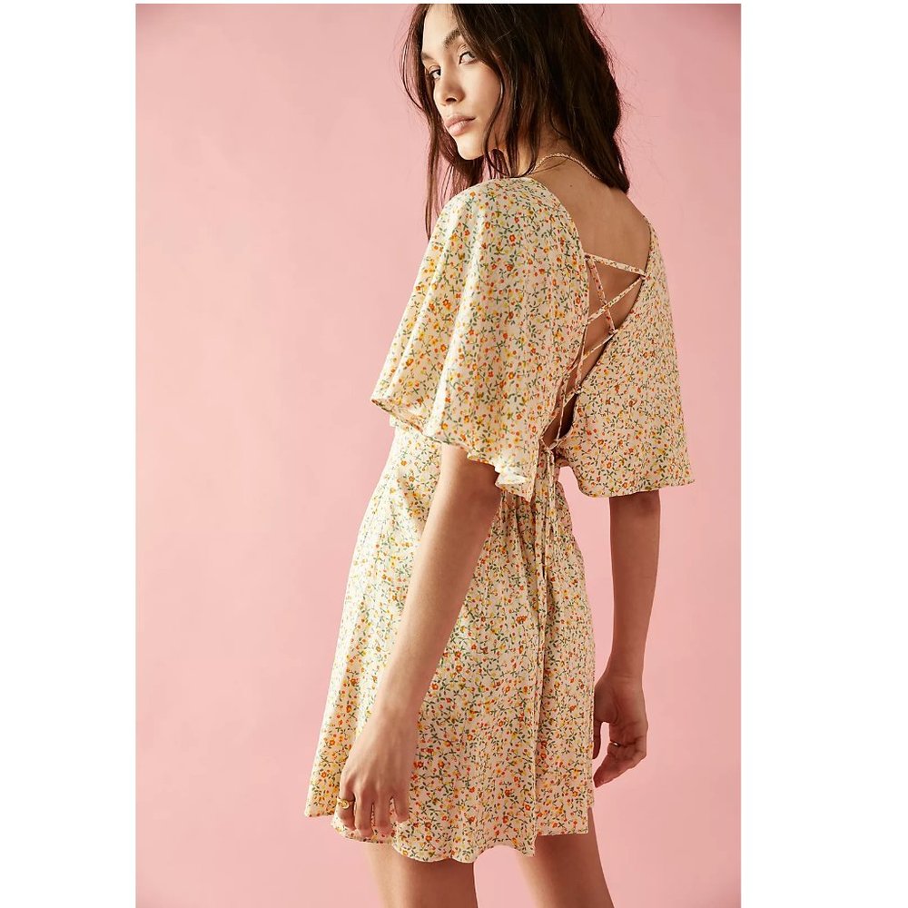 NEW Free People Florence Mini Dress Floral Lace Up Smocked Orange Green Cream